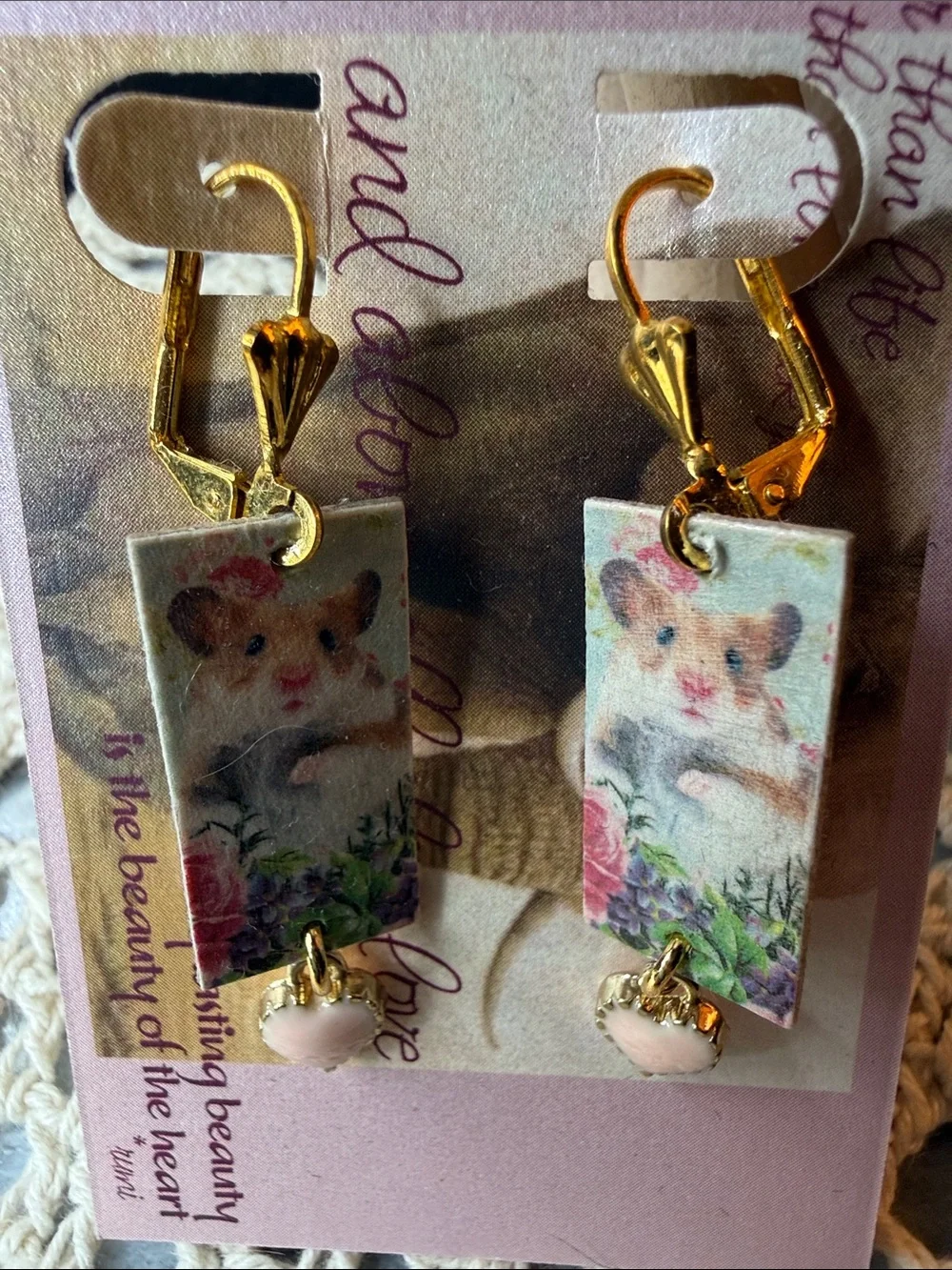 Floral Hamster Rectangle Dangle artboard Earrings in Gold